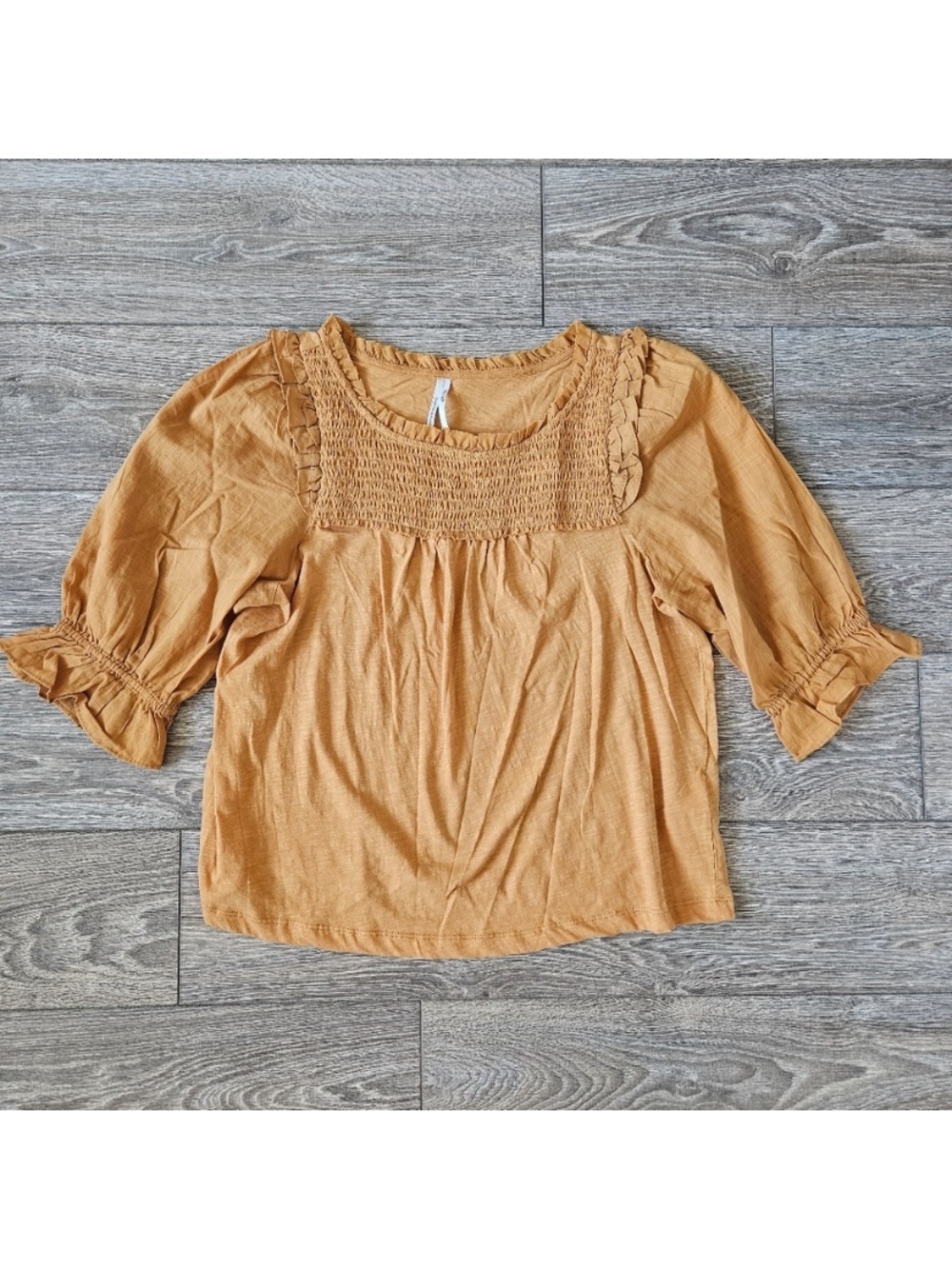 Anthropologie Mustard Smocked Square-Neck Blouse - Picture 2 of 6
